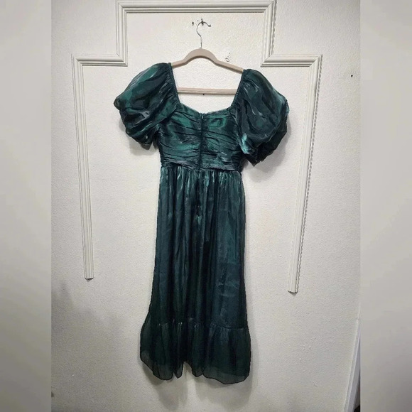 Lulus Remarkable Sensation Emerald Green Puff Sleeve Tiered Midi Dress S Wedding - Picture 8 of 12